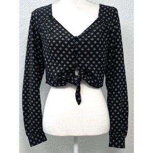 URBAN OUTFITTERS Womens XS Black Floral Cropped Tie-Waist L/S V-Neck BLOUSE EUC